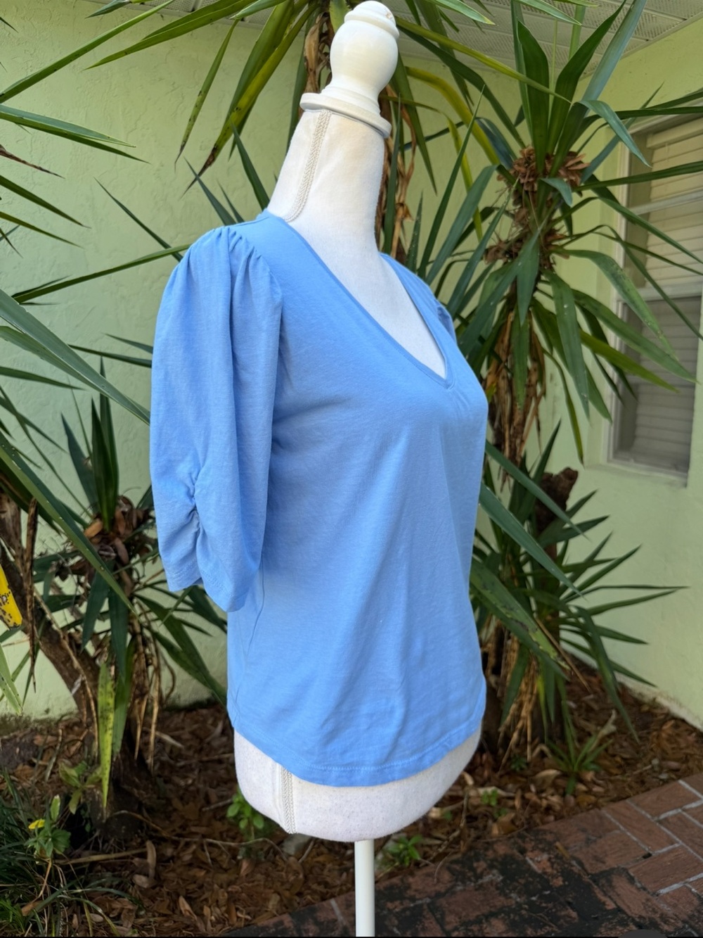 MNG Blue V Neck Half Ruched Puff Sleeve top Tshirt